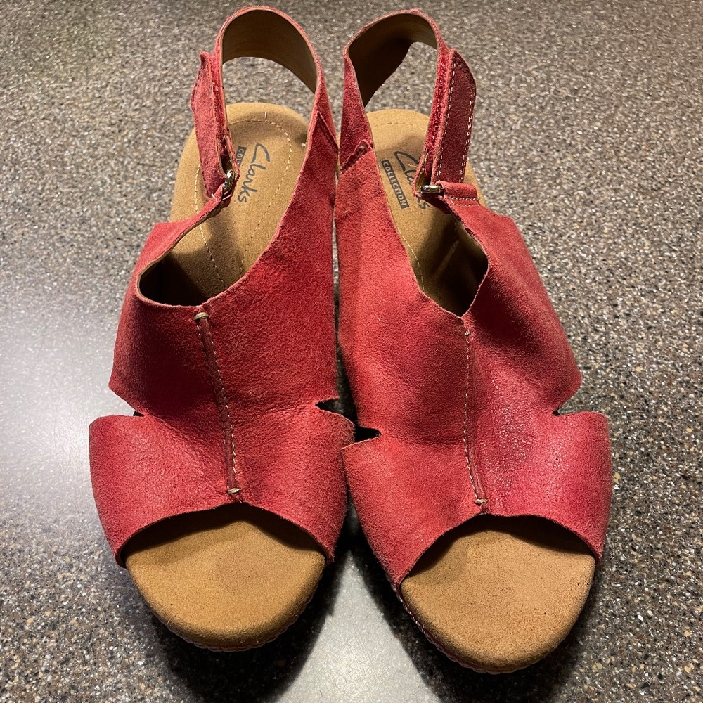 Clarks Nubuck Wedge Sandals Red